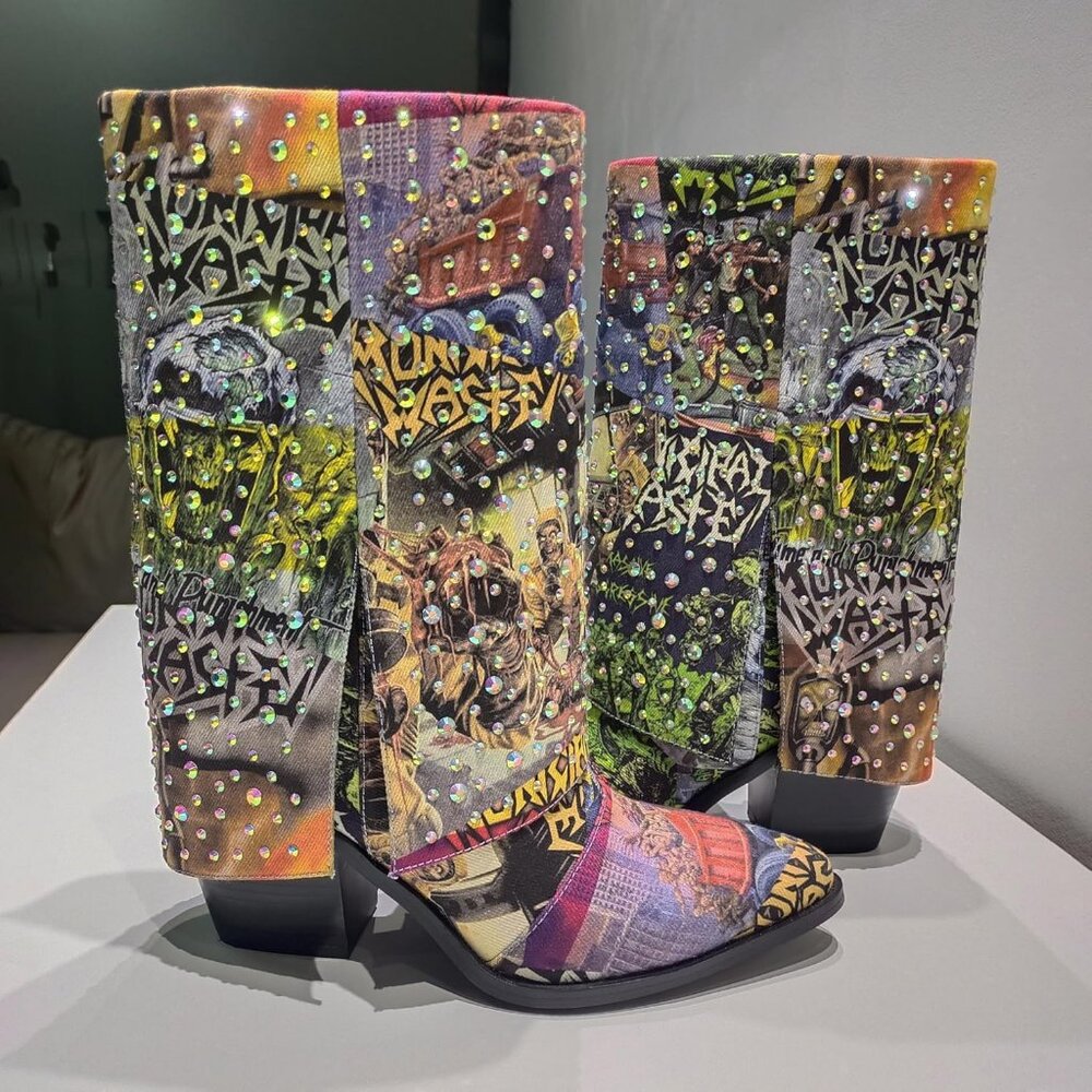 Women's Multi Rhinestone Fabric Chunky Heel Sturdy Sole Calf Western Boots - Picture 2 of 9